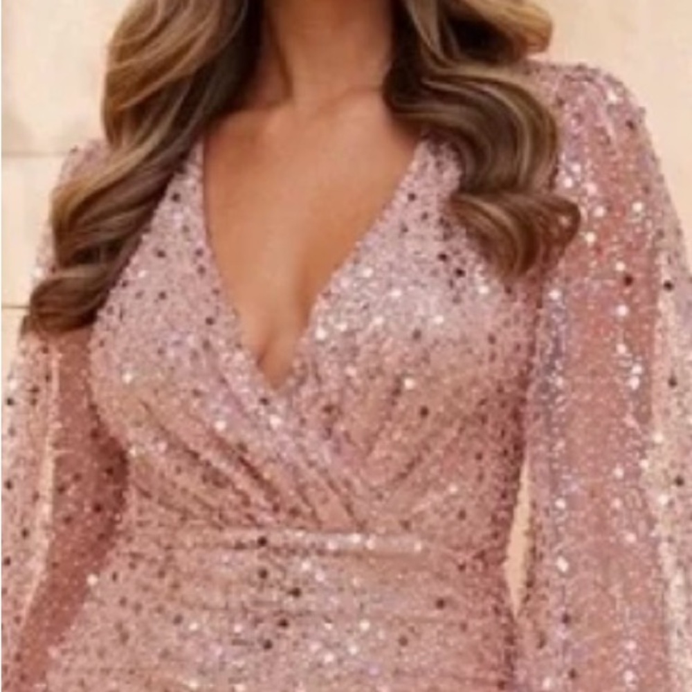 NADINE MERABI Pink Sequin Wrap Gown with Bishop Sleeves